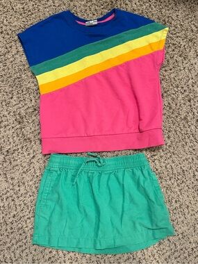 Girls Rainbow Stripe Cabana Top and Kelly Green Linen Skirt Set